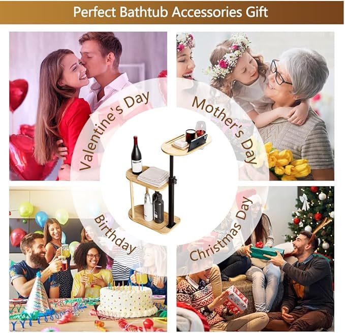 3 Layer Bathtub Tray Table,Bamboo Swivel Bathtub Side Table Height Adjustable,Freestanding Bathtub Tray for Tub Against Wall,Bathtub Accessories&Bathroom Organizer for Luxury Home Spa-Natural