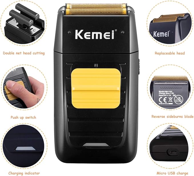 KEMEI Foil Shaver Double Electric Shaver for Men, Professional Electric Razors Head Shaver for Bald Men, Barber Supplies Cordless Rechargeable