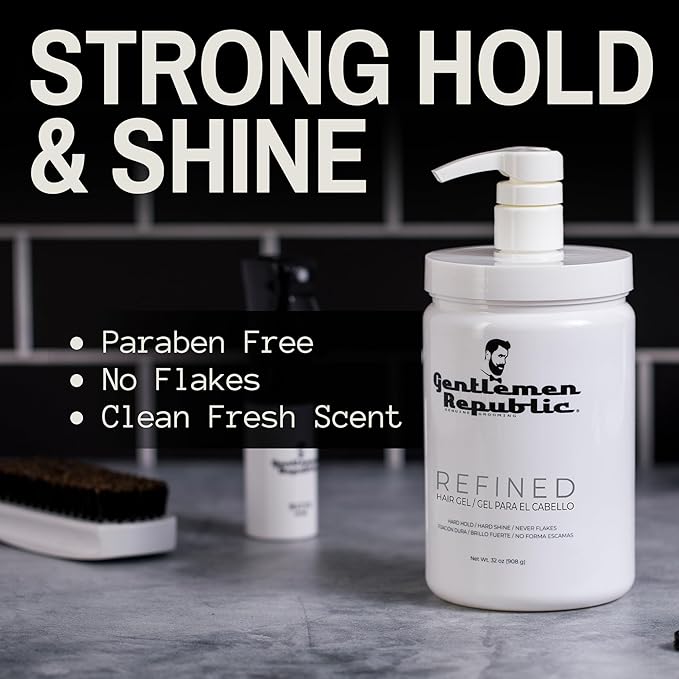 Gentlemen Republic 32oz Refined Hair Gel with Pump for Men - Premium Gel For Men Humidity Resistant & Alcohol-Free - All Day Shine and Hold for All Hair Types and Never Flakes - Made in the USA