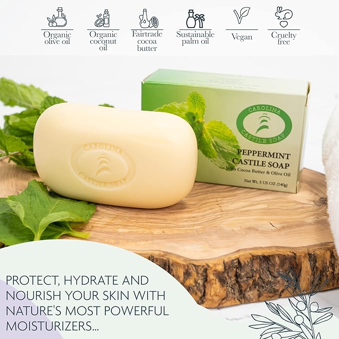 Body Wash Castile Soap Bar for Sensitive Skin – Long Lasting Natural Bar Soap for Men and Women with Olive Oil and Cocoa Butter - Vegan Peppermint by Carolina Castile, 5 oz Each