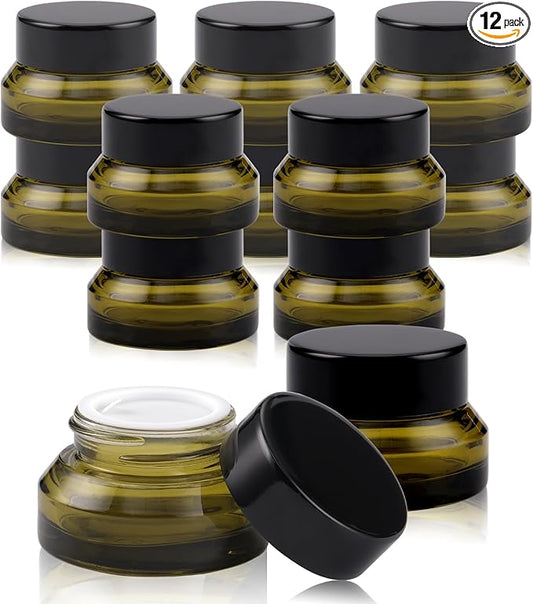 12 pack Glass Cosmetic Jars with Lids Small Lotion Containers for Traveling Green Empty Skincare Container for Face Cream Toiletries Makeup (0.5oz)