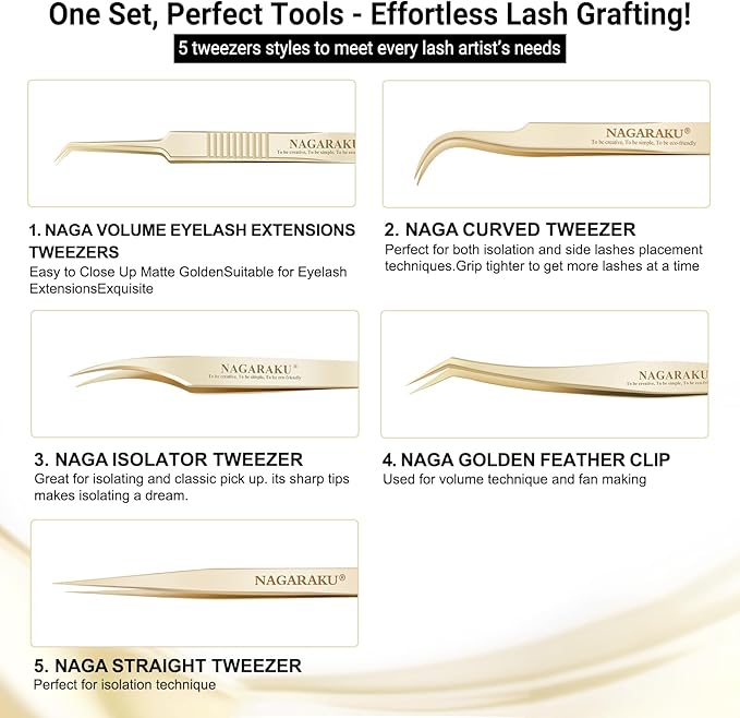 NAGARAKU 5 PCS Tweezers for Eyelash Extensions Straight and Curved Precision Professional Tweezer for Lash Extensions Volume Easy Fanning lash Precise Point with Storage Case Bag