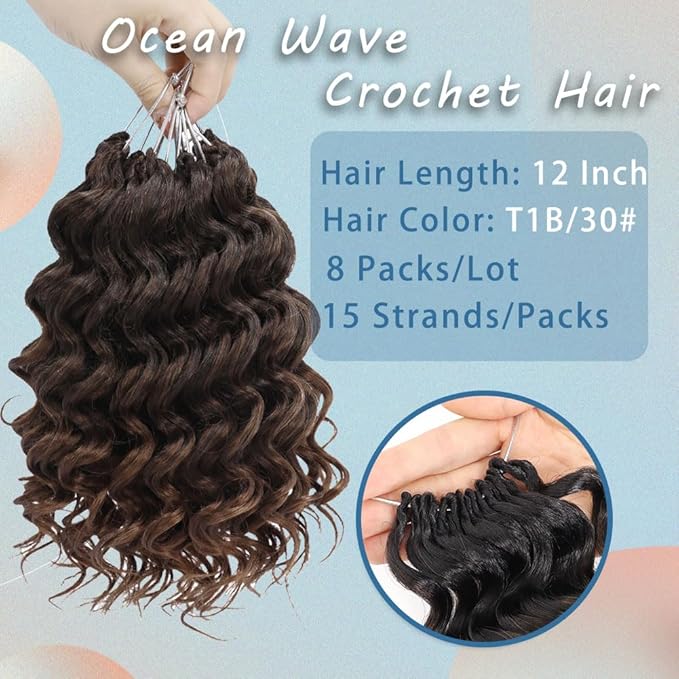 8 Packs Ocean Wave Crochet Hair Water Wave Crochet Braids for Women 12 Inch Short Curly Crochet Hair Beach Curl Deep Twist Crochet Braids Synthetic Braiding Hair Extensions (12 Inch, T1B/30#)