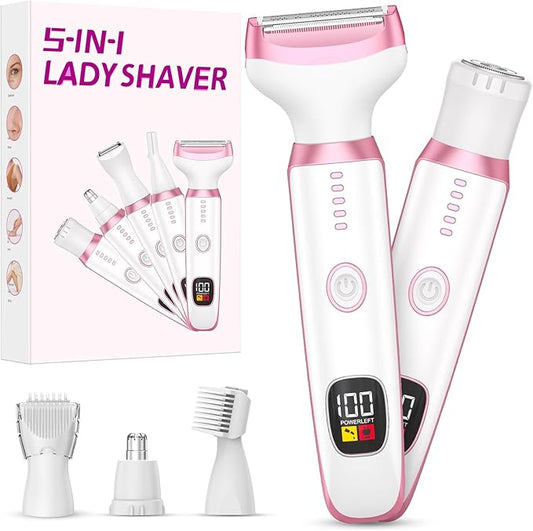 Electric Razors for Women Legs, 5 in1 Electric Shaver for Women, Bikini Trimmer with LED Display, Rechargeble Facial and Body Hair Remover for Face Nose Eyebrow Arms Armpit Legs Pubic Area (Pink)