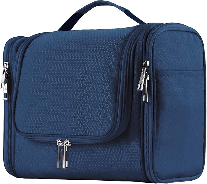 Buruis Large Capacity Toiletry Bag for Women and Men, Hanging Toiletry Organizer Cosmetics Makeup Bag, Water-resistant Dopp Kit Shaving Bags for Full Sized Toiletries, Travel Essentials (Blue)