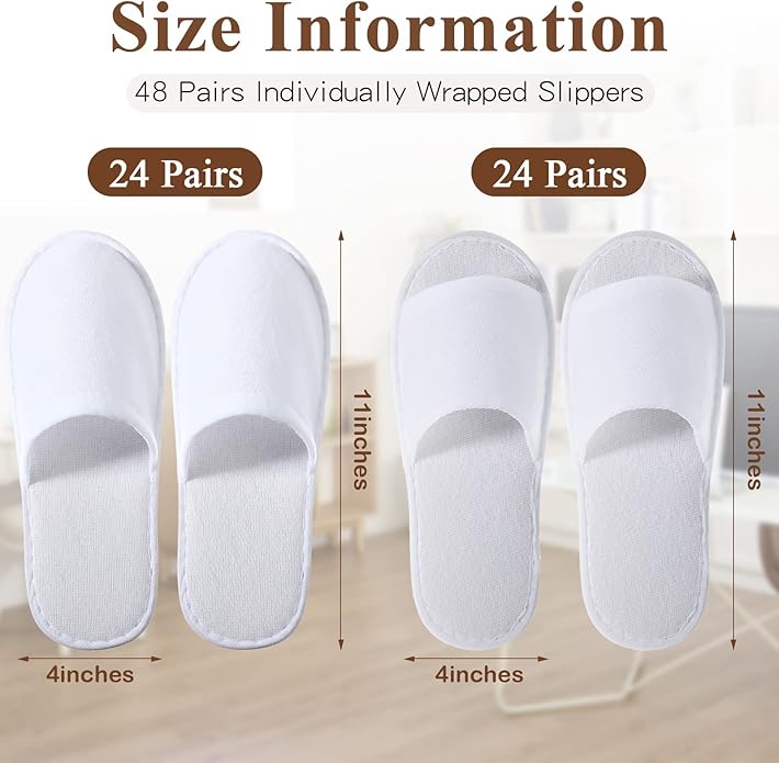 Coume 48 Pairs Disposable Slippers for Guests Bulk Soft Disposable Hotel Spa Slippers Open Toe and Close Toe White Non-Slip for Women Men Home Indoor Hotel Travel Wedding Party