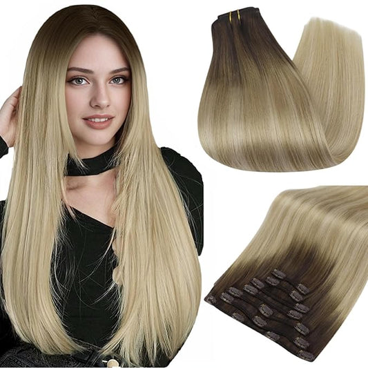 Full Shine Clip in Hair Extensions Real Human Hair Brown Ombre Hair Extensions Clip ins Balayage Darker Brown Fading to Ash Blonde Mix Blonde Extensions Clip ins 7 Pcs 16 Inch 120 G