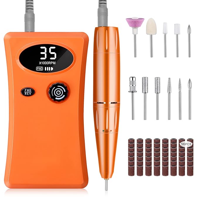 Electric Nail Drill, Urbuti 35000RPM Professional Nail Drill Machine, Portable Rechargeable File Machine Set for Acrylic Gel Nails, Manicure Pedicure Tools for Home and Salon Use(Orange)