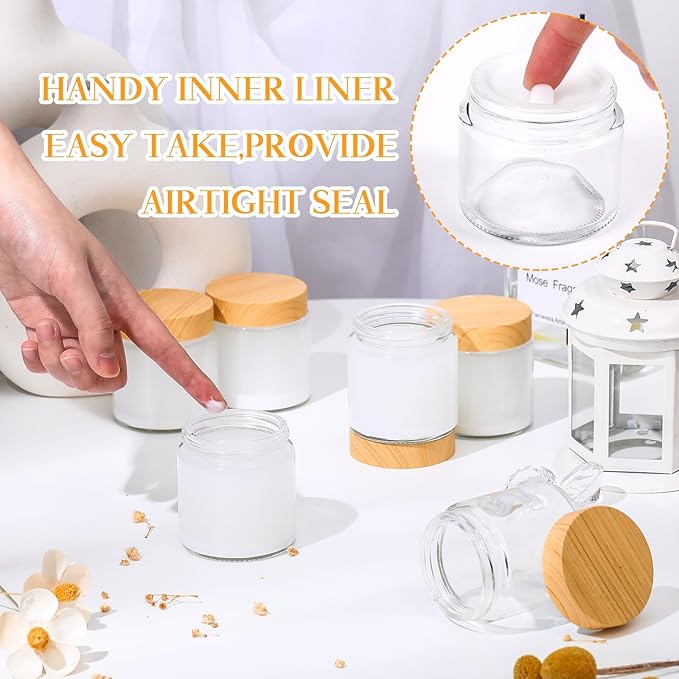 Norme 12 Pcs Glass Jars with Lids Empty Small Glass Containers and Inner Liners Reusable Cosmetic Jars Round Airtight Bottles with Plastic Woodgrain Lids for Travel (4oz)