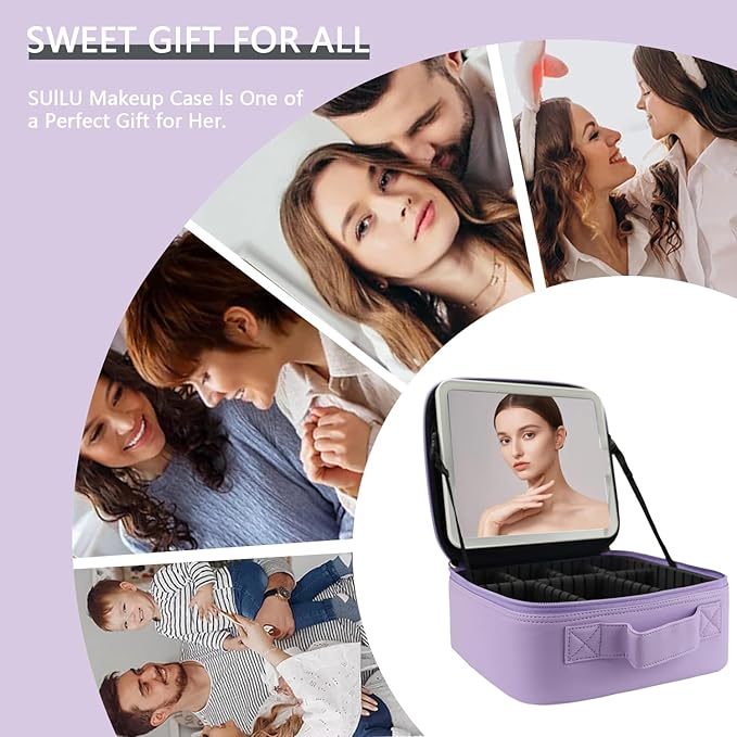 Travel Makeup Bag with LED Lighted Mirror,Cosmetics Organizer, Makeup Bag with 3 Color Lighted Setting, Portable Storage and Adjustable Dividers Travel Makeup Bag(Purple)