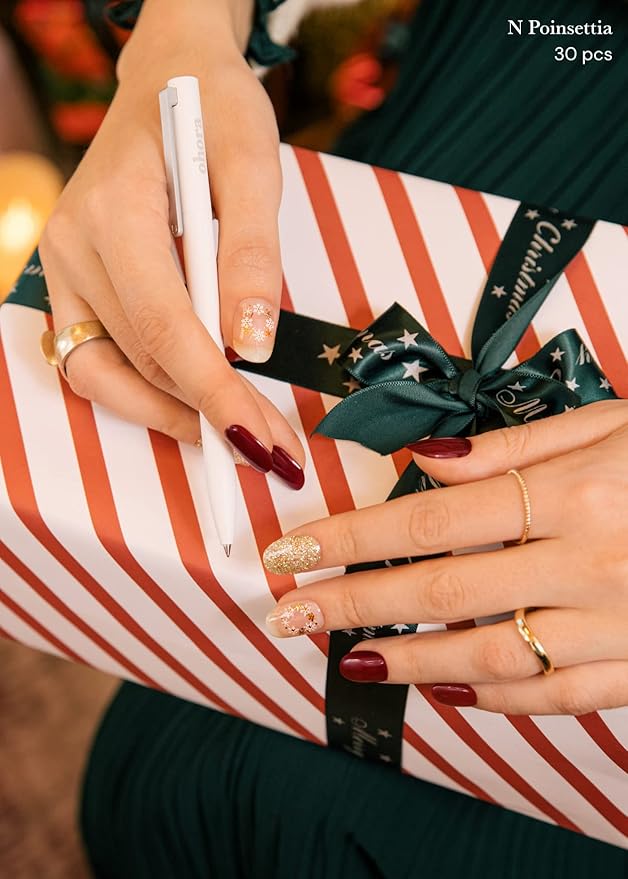 ohora Semi Cured Gel Nail Strips (N Poinsettia) - Red, Patterned, Works with Any UV/LED Lamps, Salon-Quality, Long Lasting, Easy to Apply & Remove - Includes 2 Prep Pads, Nail File & Wooden Stick