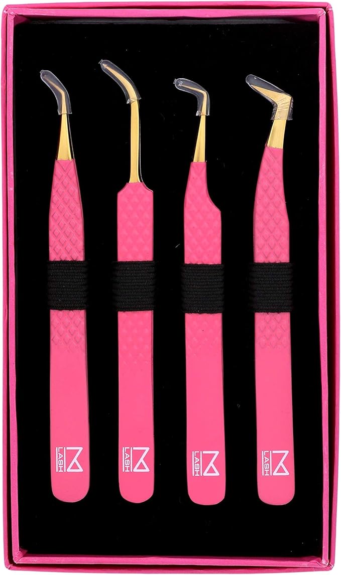 M LASH Tweezers for Eyelash Extensions (Set of 4) - Professional Lash Extension Tweezers - Fiber Tip, Japanese Steel, Diamond Grip Eyelash Extension Tweezer (Pink)