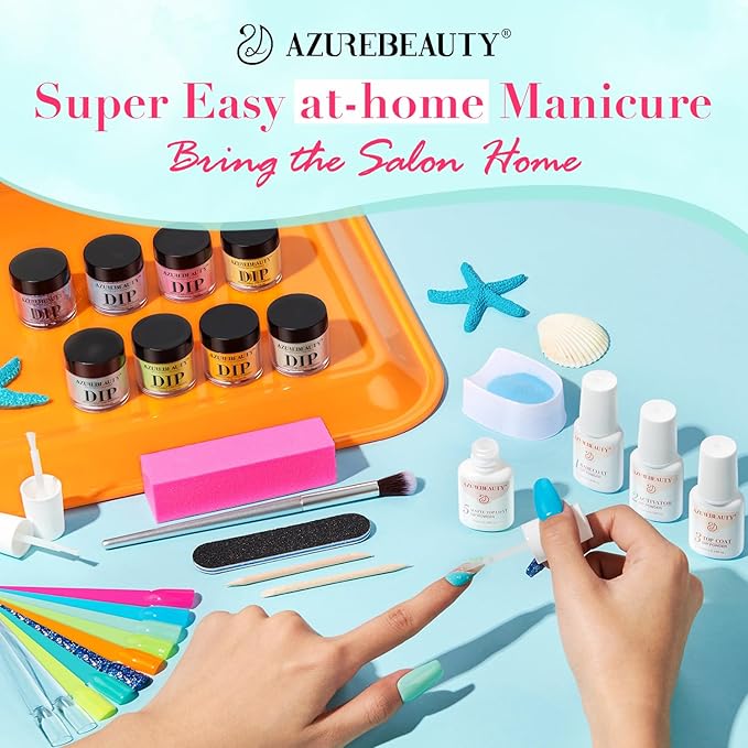 AZUREBEAUTY Dip Nails Powder Starter Kit, Hot Pink Neon Yellow Pastel Blue Green 8 Spring Summer Colors with Nail Sticks, Base Glossy Matte Top Coat Activator Liquid Set Manicure Art 30 PCS