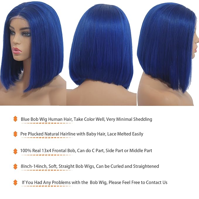 13x4 HD Transparent Blue Bob Wig Human Hair Lace Front Wigs 8 Inch Pre Plucked with Baby Hair 180% Density Blue Human Hair Bob Wig Free Part Colored Bob Frontal Wigs for Women