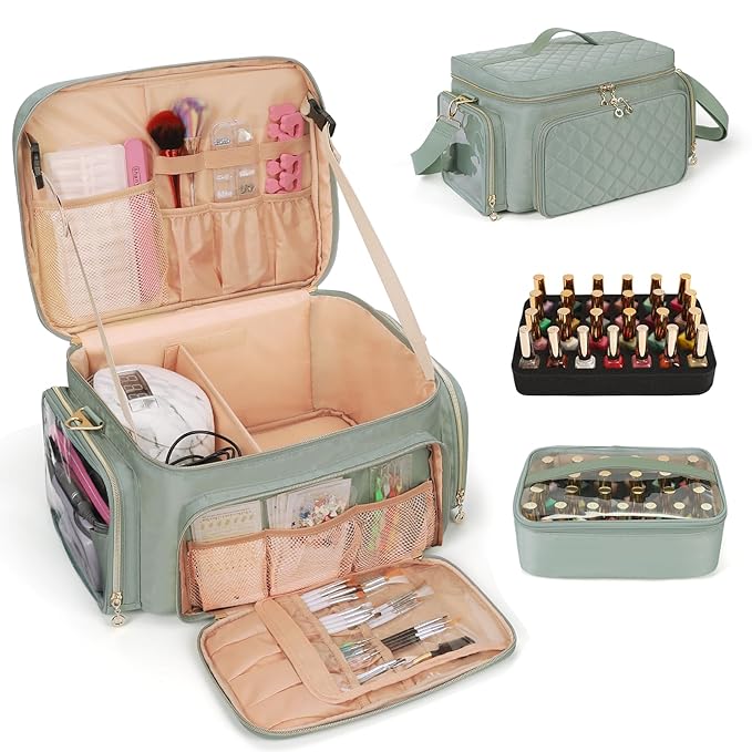 Nail Polish Organizer, Nail Polish Storage Holds 50-70 Bottles & Nail Lamp, Portable Travel Nail Kit Storage Carrying Case Fits Nail Suppiles, Gift for Manicurist, Grils (Green)
