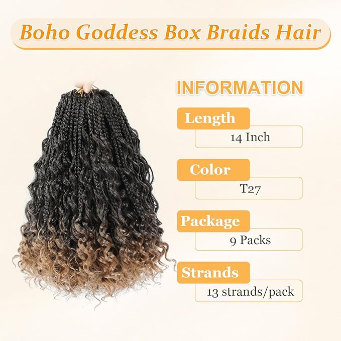14 Inch Goddess Box Braids Crochet Hair Curly Ends 9 Packs Pre Looped Boho Crochet Box Braids Bohemian Box Braid Crochet Hair For Black Women (14Inch 9 Packs,T27)
