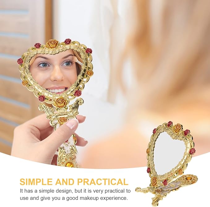 Beaupretty Hand Mirror Vintage Handheld Mirror Heart Shaped Travel Mirror Salon Barber Hairdressing Mirror Cosmetic Mirror for Pocket Purse Birthday Golden