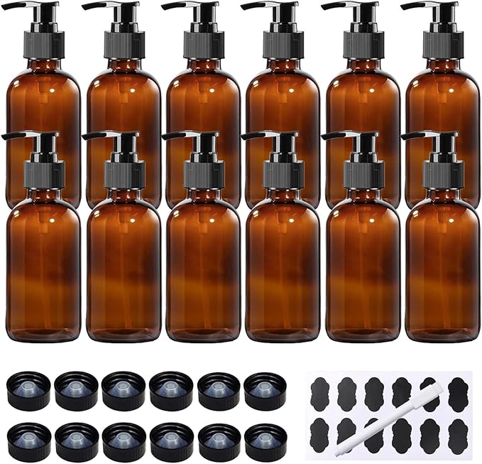 12 Pack 8 oz Amber Glass Bottles with Pumps for Essential Oils, Cleaning Products, Lotions, Aromatherapy Oil, Pump Bottles, Refillable Containers With Cap, Funnel, 12 Chalk Labels, 1 Pen