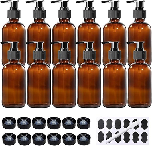 12 Pack 8 oz Amber Glass Bottles with Pumps for Essential Oils, Cleaning Products, Lotions, Aromatherapy Oil, Pump Bottles, Refillable Containers With Cap, Funnel, 12 Chalk Labels, 1 Pen