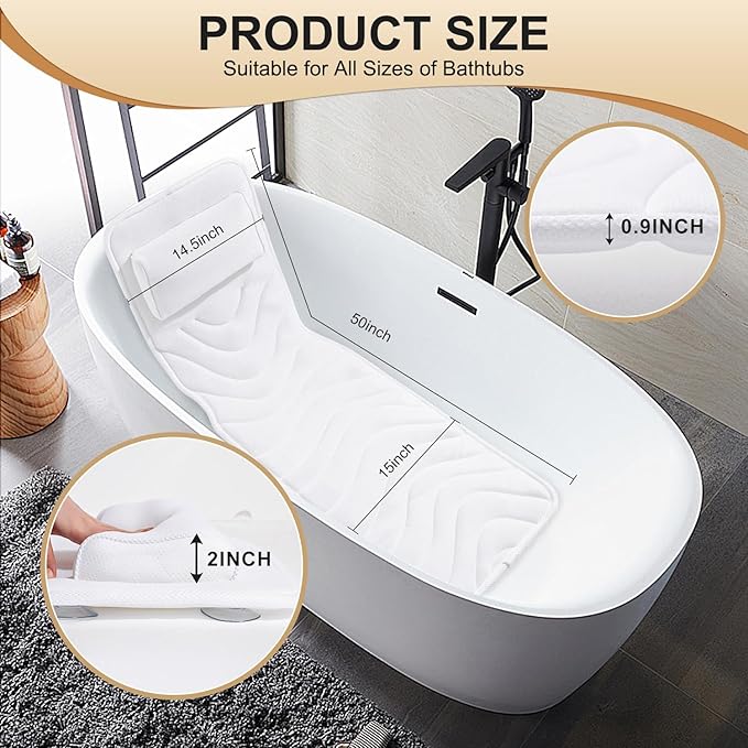 Full Body Bath Pillow for Bathtub, Non-Slip Bath Pillows for Tub, Spa Bathtub Pillow Cushion for Headrest Neck Shoulder and Back Rest Support，Relaxation Spa Accessories-50 x 15" (White)