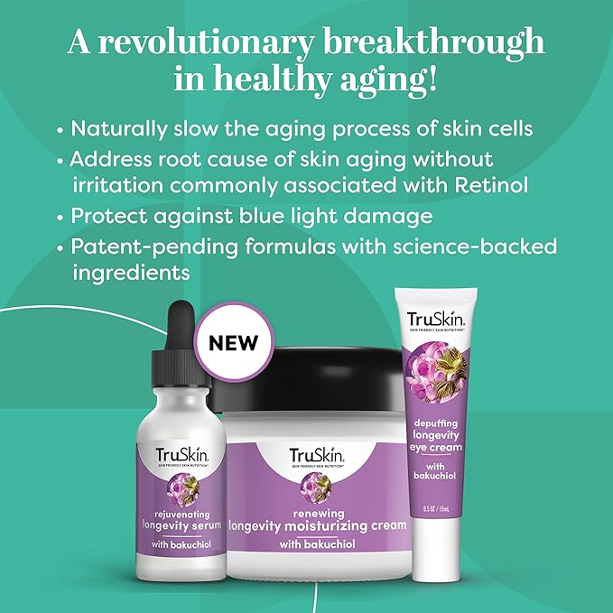 TruSkin Longevity Eye Cream – Caffeine Eye Cream with Bakuchiol, Lingonberry Stem Cells & Green Coffee Bean – Healthy Aging Gentle Retinol Alternative, Puffiness, Dark Circles, 0.5 fl oz