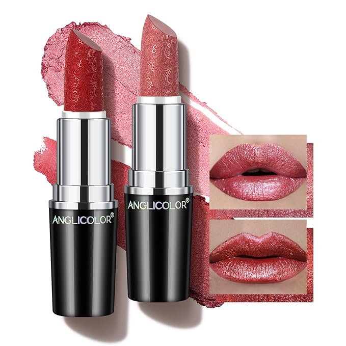 Angicolour 2pcs Glitter Lipstick - Pink & Red, Creamy Moisturizing Formula, Metallic Finish, Vegan & Cruelty-Free, Full-Coverage Lip Color