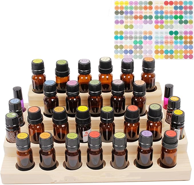 Pure Vie 4 Tier Essential Oil Bottles Wooden Storage Display Stand Travel Display Presentation Holder, Cosmetic Aromatherapy Organizer Rack Nail Polish Fragrance Container - Holds 30 Slots (15 ml)