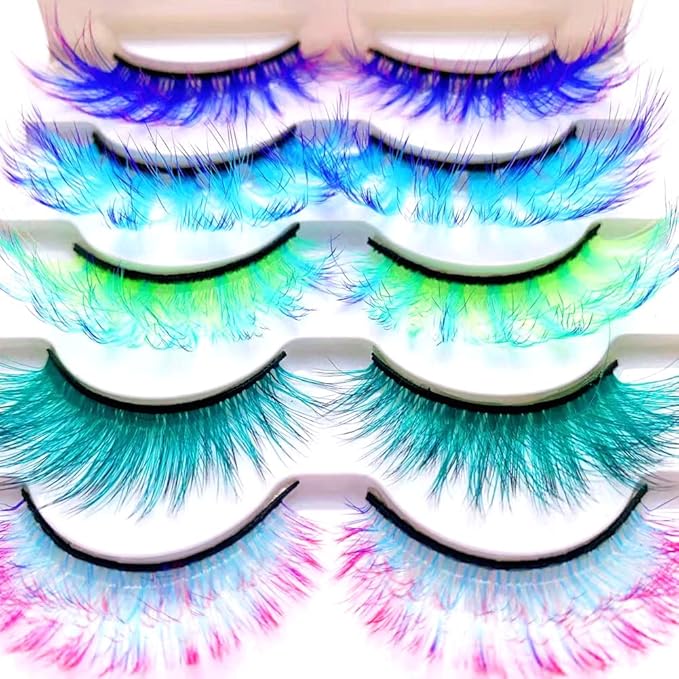 Sunniess Ombre Colored Lashes Silk Protein Fluffy Wispy Volume Fake Lashes for Halloweens Cosplay Party Stage Russian D Curl Lashes with Color Make up Faux Mink False Eyelashes 5 Pairs