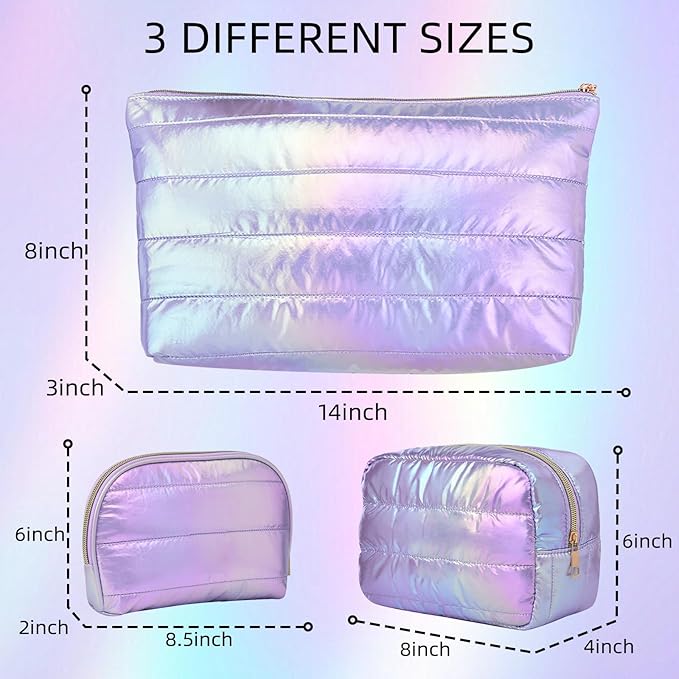 Hiroyuki 3pcs Iridescent Quilted Makeup Bag (plain, purple)