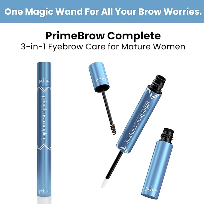 PrimeBrow Complete – 3-in-1 Eyebrow Care for Mature Women – Eyebrow Mousse Tints, Magic Spoolie Brush Shapes, Eyebrow Growth Serum Fills Bald Spots (Deep Brown)