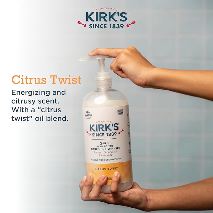 Kirk's 3-in-1 Head to Toe Nourishing Liquid Cleanser- for Men, Women & Children - Premium Coconut Oil & Aloe Vera- Non GMO & Vegan - Citrus Twist - 32 Fl Oz. - 2 Pack