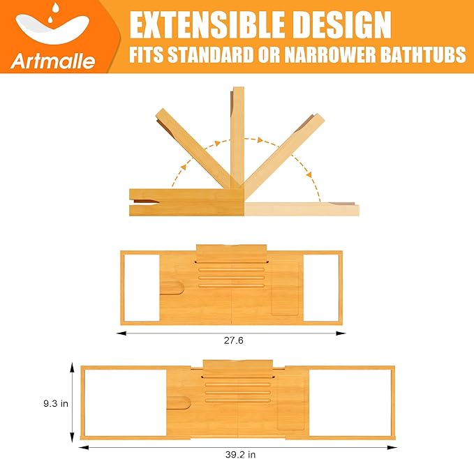 Artmalle Bathtub Caddy Tray for Tub, Expandable Bamboo Bath Table Tray with Book Stand for Home Spa Relaxing, Foldable Minimalist Bathroom Accessories for Women Men (Simple, Natural) (Natural)