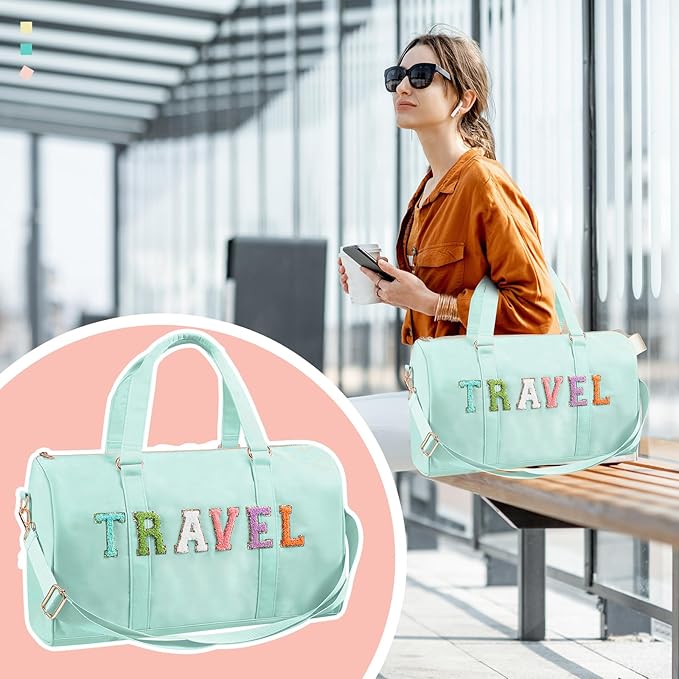 2 Pcs Preppy Chenille Letter Duffle Bag and Makeup Pouch, Travel Tote Bag Cosmetic Zipper Patch Makeup Bag (Mint Green)