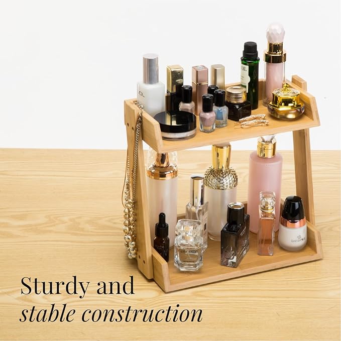 GOBAM Bamboo Makeup & Countertop Organizer, Small - 2 Layer Cosmetics, Lipsticks, Jewelry, Brushes, Hair Accessories & Perfume Organizer for Dresser, Easy Assembly - Natural