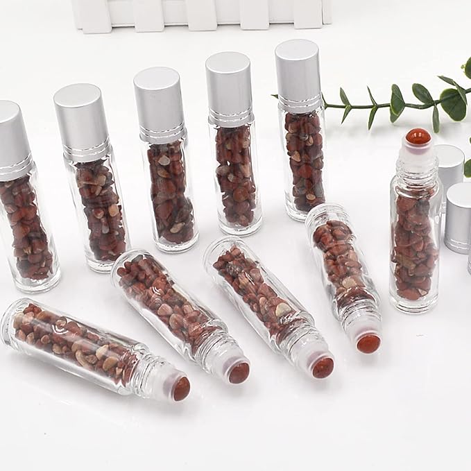Essential Oil Roller Bottle 10ml w EVA Carrying Travel Case（Clear Glass Bottle with silver Cap、10pack、Gemstone Roller Balls、Healing Crystal Chips Inside、Opener)Gemstone Roller Ball Bottles