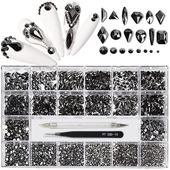 12 Types of Mine Black 600 Diamonds + 2500 Flat Rhinestones Mix 20 Styles Flatback DIY Crafts Rhinestone Crystals 3D Decorations Flat Back Stones Set +Tweezers + Drill Pen