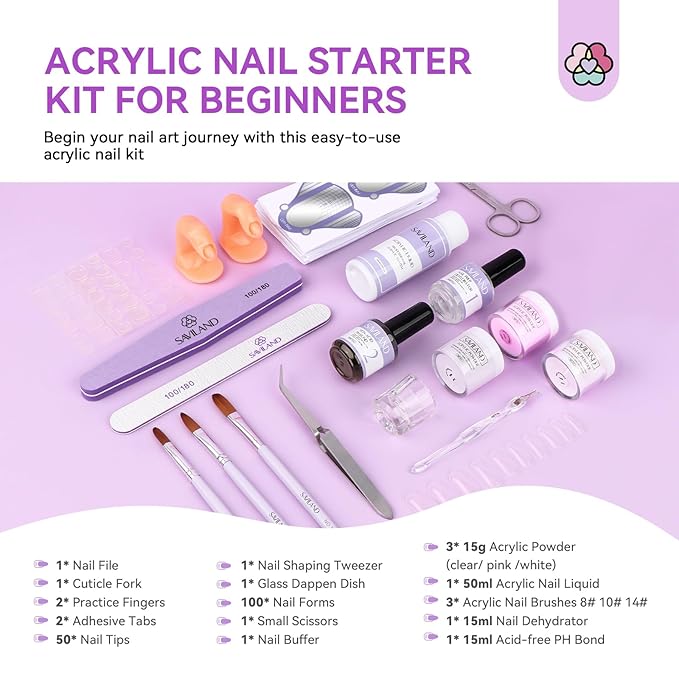 SAVILAND Acrylic Nail Kit with Everything for Beginners: Clear White Pink Acrylic Powder and Liquid Set with Acrylic Brush Nail Dehydrator and Primer Professional Acrylic Nail Set Starter Kit Home DIY