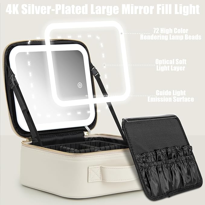 Makeup Travel Train Case with Mirror LED Light 3 Adjustable Brightness Cosmetic Bag Portable Storage Adjustable Partition Waterproof Makeup Brushes Makeup Jewelry Gift for Women (Light Gray)