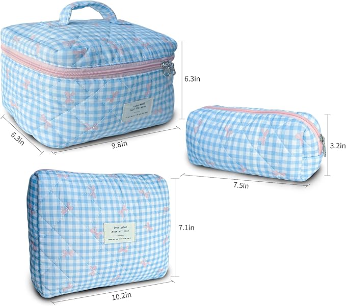 3Pcs Makeup Bag Cotton Quilted Travel Cosmetic Bag Cute Floral Makeup Pouch Large Toiletry Bag for Women Girls (Plaid Bow-Blue)
