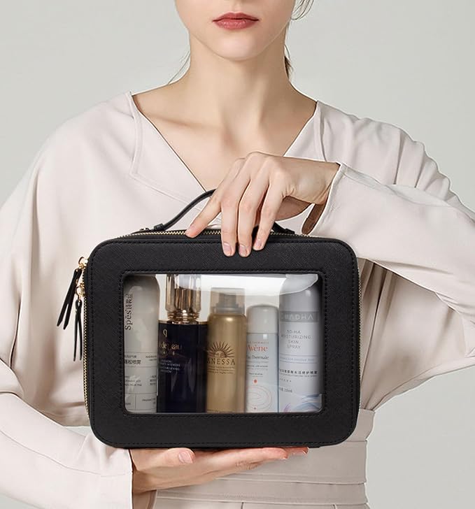 Clear Makeup Bags TSA Approved Toiletry Bag with Handle Large Opening,Clear Toiletry Bags for Carry-on Traveling Travel Car Accessories Essentials Organziation Storage for Women Girls(Black, Large)