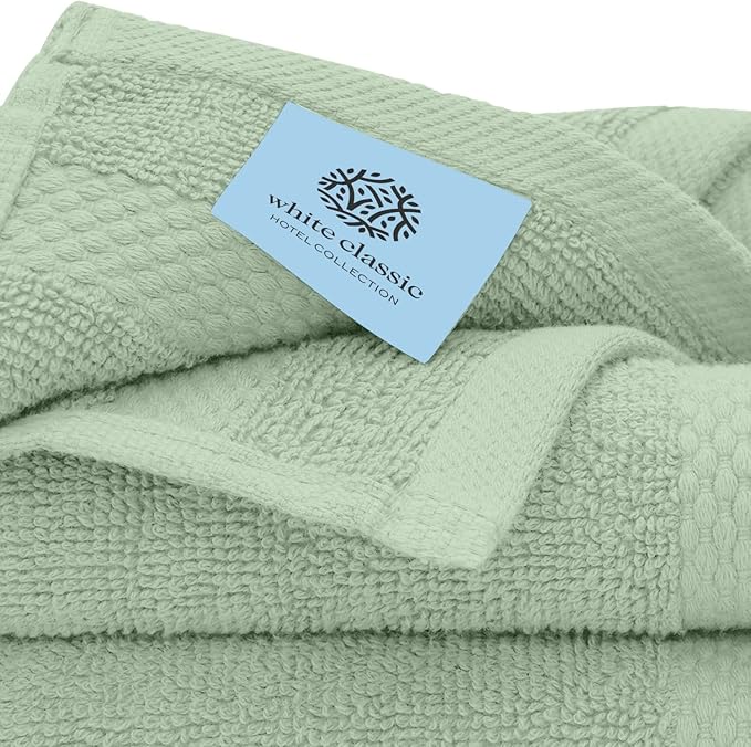 White Classic Luxury Washcloths for Bathroom-Hotel-Spa-Kitchen-Set - Circlet Egyptian Cotton - Highly Absorbent Hotel Quality Face Towels - Bulk Set of 12-13x13 Inch (Lt Green)