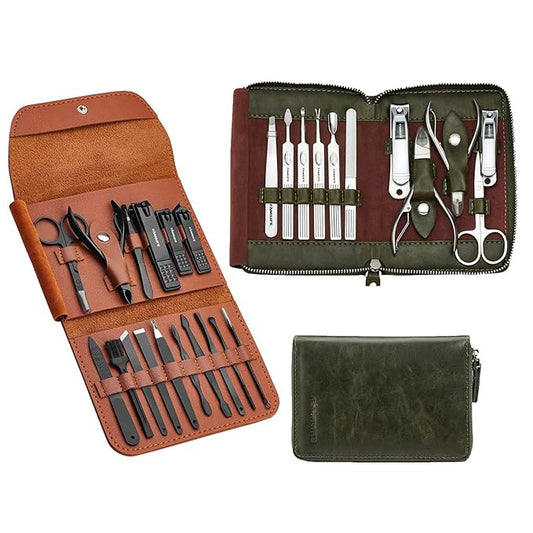 FAMILIFE Manicure Set, Nail Kit 11 in 1 pedicure kit Stainless Steel Mens Manicure Kit Leather and Gifts for Men, and 16pcs Manicure Set Nail Clippers Pedicure Kit Manicure Kit Nail Clipper Set