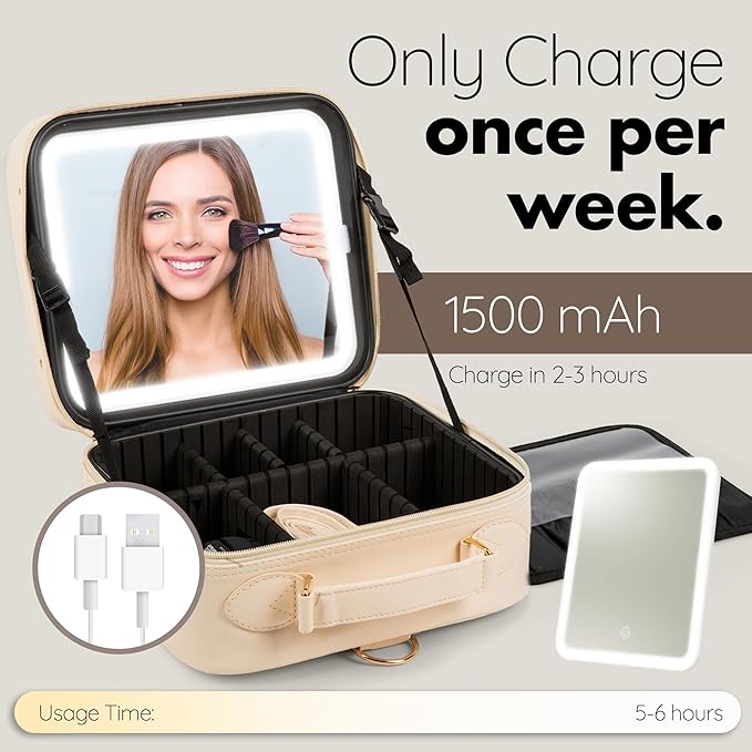 Makeup Bag with LED Mirror - Portable Makeup Case with Lighted Mirror & Adjustable Dividers, Makeup Bag with Light Up Mirror, 3 Color Setting Train Case Cosmetic Bag Organizer