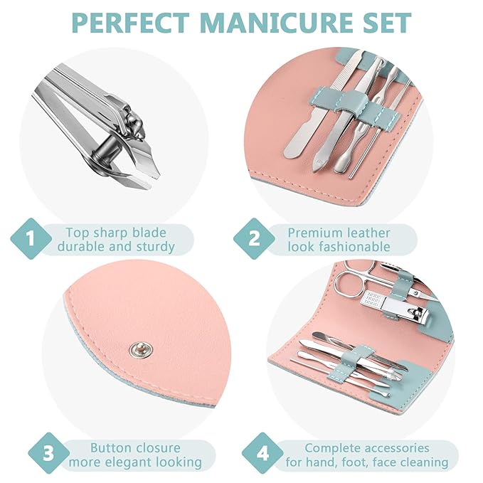 12 Set Manicure Set Bulk Mini Manicure Nail Clipper Kit 7 in 1 Stainless Steel Professional Nail Care Pedicure with Travel Portable Bag Grooming Kits for Women Men Home(Green)