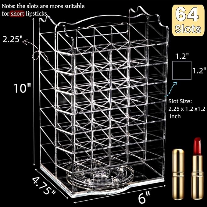 64 Slots Rotating Lipstick Organizer, Acrylic Spinning Lipgloss Tower Holder, Clear Rotable Lip Gloss Organizer Case, Lip Stick Display Rack Stand, Cosmetic Makeup Accessories for Lip Balm