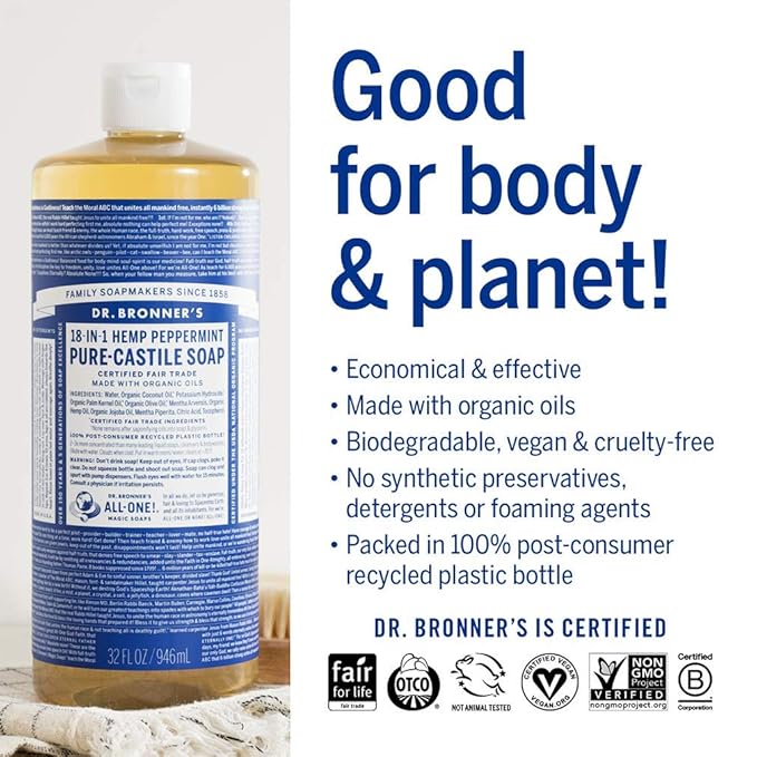 Dr. Bronner's - Pure-Castile Liquid Soap (Peppermint, 32 Ounce, 4-Pack) - Made with Organic Oils, 18-in-1 Uses: Face, Body, Hair, Laundry, Pets & Dishes, Concentrated, Vegan, Non-GMO