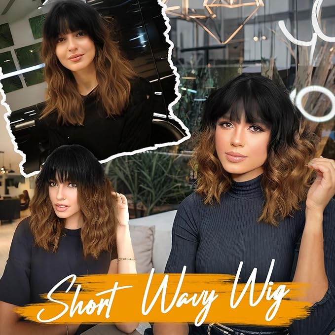 AISI HAIR Ombre Brown Short Wavy Bob Wigs with Bangs for Women Ombre Brown Wavy Wig Natural Looking Resistant Fiber Synthetic Hair for Daily