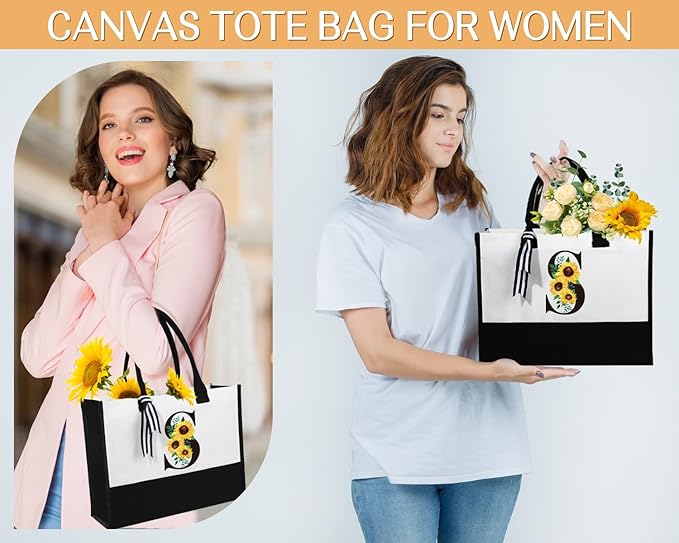Personalized Sunflower Birthday Gifts for Women - Monogrammed Canvas Tote Bag, Makeup Bag & Glass Cup Set