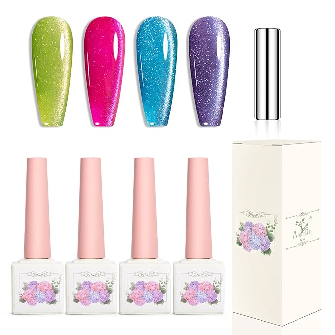 4pcs 12ML Cat Eye Gel Nail Polish with Magnet,Smooth Wide Cat Eyes Gel Polish Galaxy Soak off Holographic Cats Eye Magnetic DIY at Home-Glitter Blue Grape Green Dragon Fruit Red Romantic Purple