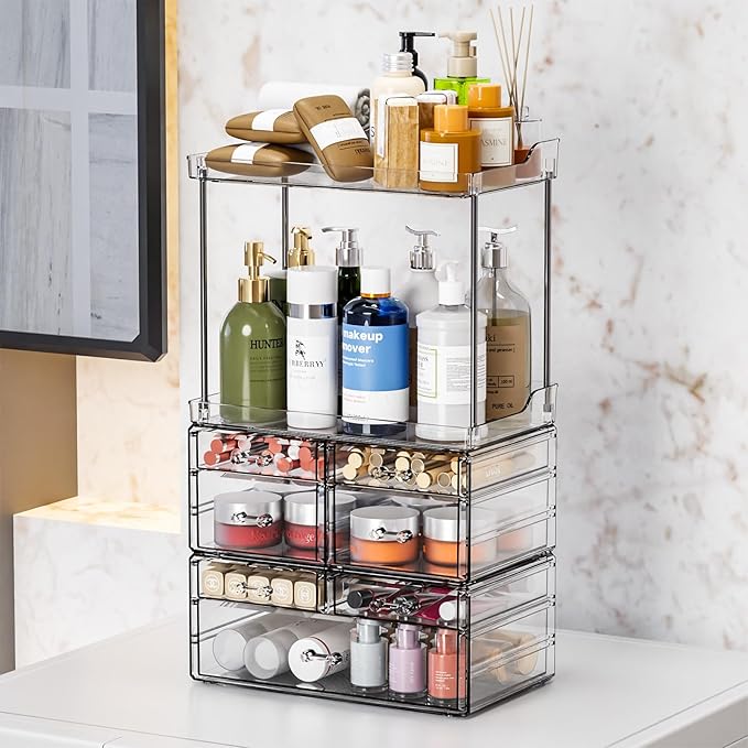 3 Pack Bathroom Organizers and Storage Countertop With 7 Drawers,Stackable Vanity Top Organizer,18.9" Tall Large Capacity Skin Care Organizer and Exquisite Makeup Storage for Beauty Products,Clear